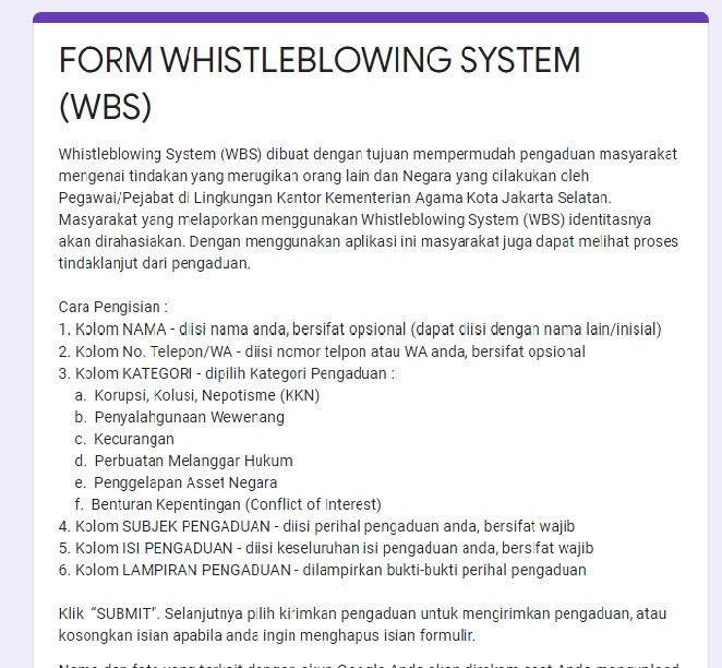 Link Pengaduan Masyarakat dan WBS di Kankemenag Kota Jakarta Selatan